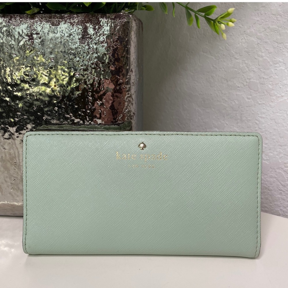 Kate Spade Cedar Street Large Slim Bifold Wallet in Mint Mojito Saffiano Leather